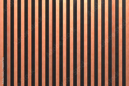 A wooden lamella wall in the color of natural wood with a pattern of wall panels in the background. photo