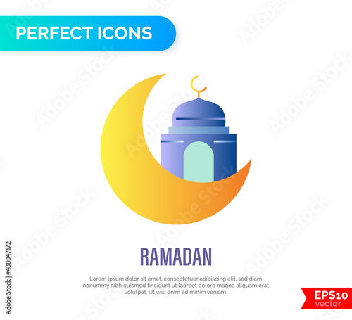 Ramadan thin line icon. Moon with mosque. Islam religion. Vector illustration. photo