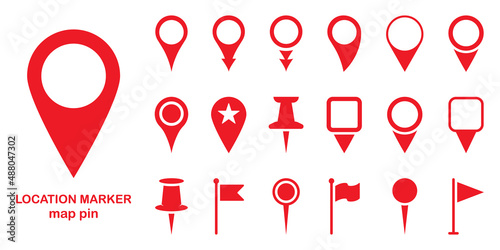 Red Location Pins Sign. Set of Marker Point on Map, Place Location Pictogram. Pointer Navigation Symbol. Red GPS Tag Collection. Flag Mark, Thumbtack Sign. Isolated Vector Illustration