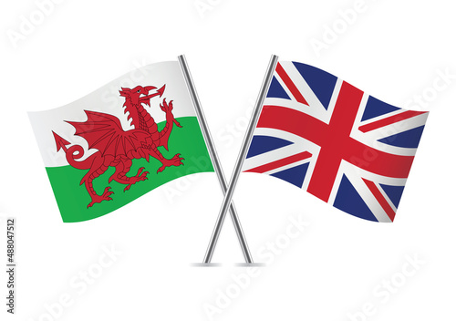 Wales and Britain crossed flags. Welsh and British flags, isolated on white background. Vector icon set. Vector illustration.