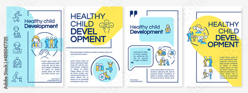 Successful child development blue and yellow brochure template. Safe childhood. Leaflet design with linear icons. 4 vector layouts for presentation, annual reports. Questrial, Lato-Regular fonts used