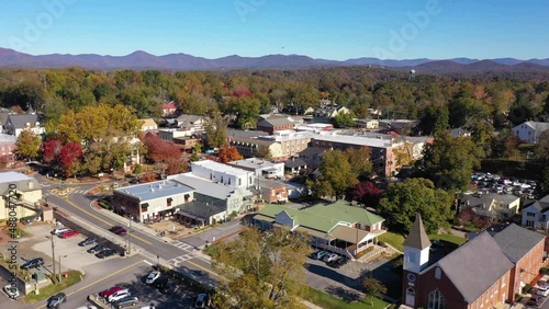 Nice aerial establishing shot of Blue Ridge Mountain Appalachian town of Dahlonega, Georgia. photo