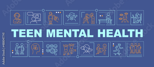 Adolescent mental health and wellbeing word concepts dark blue banner. Infographics with icons on color background. Isolated typography. Vector illustration with text. Arial-Black font used