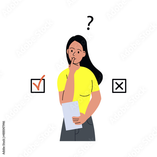 The girl is thinking with piece of paper over the answer. The concept of the problem of choice, solution. Color vector illustration, flat style. White isolated background.