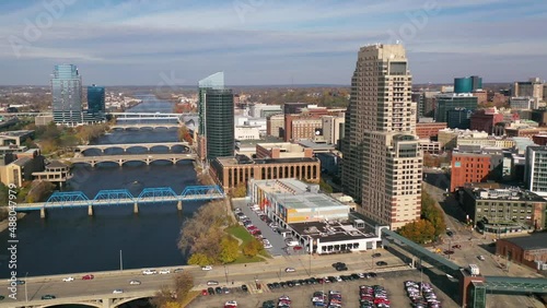 Good aerial over Grand Rapids, Michigan downtown, river and city skyline. photo