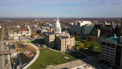 Good aerial over Lansing, Michigan, the state capitol building and downtown. photo