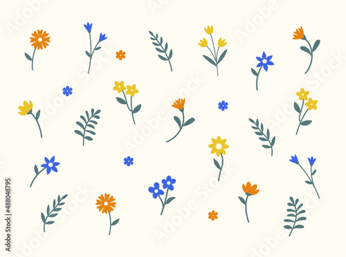 Flower bouquets collection with leaves and branches. Floral vintage seamless pattern. Easter Design. Vector flowers. Folk style. Posters for the spring holiday. icons isolated on white background.