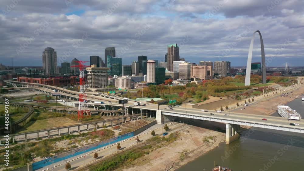 Good aerial over downtown St. Louis, the Gateway Arch and Mississippi River. Good aerial over downtown St. Louis, the Gateway Arch and Mississippi River.