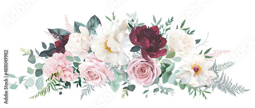 Burgundy red peony, white magnolia, dusty pink rose and hydrangea, astilbe flower