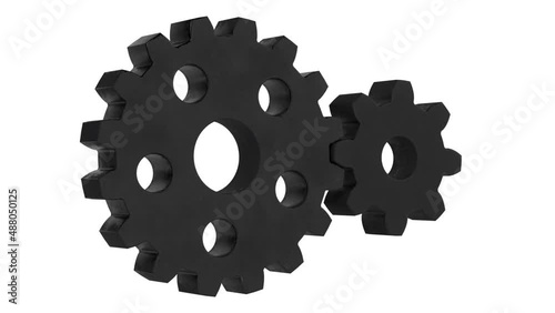 Black metallic gears rotation process. 3d loop animation with alpha matte.