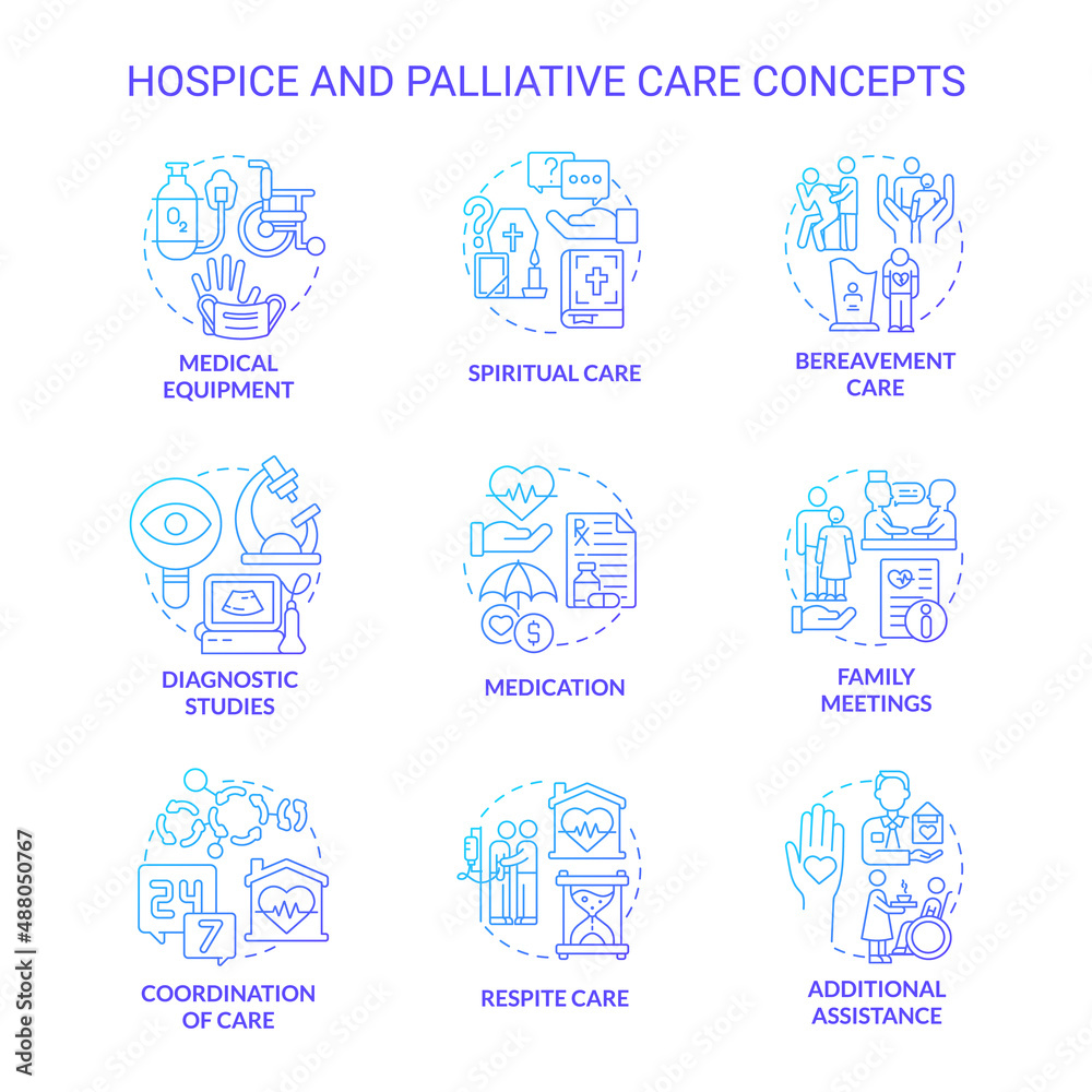 Hospice and palliative care blue gradient concept icons set. Patient service. Medicine and healthcare idea thin line color illustrations. Isolated symbols. Roboto-Medium, Myriad Pro-Bold fonts used