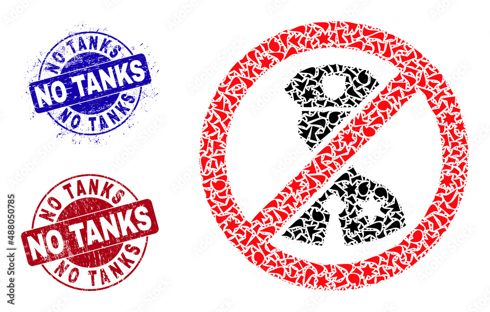 Round NO TANKS rough stamp seals with word inside round shapes, and debris mosaic no police officer icon. Blue and red stamp seals includes NO TANKS text. Round NO TANKS rough stamp seals with word inside round shapes, and debris mosaic no police officer icon. Blue and red stamp seals includes NO TANKS text.