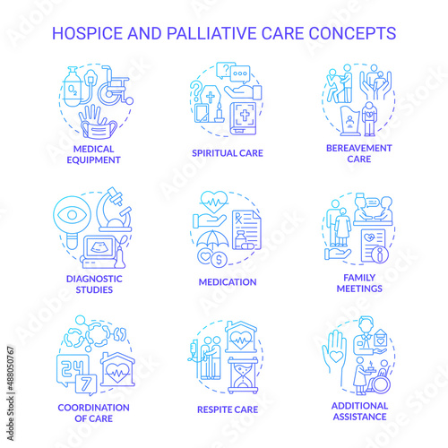 Hospice and palliative care blue gradient concept icons set. Patient service. Medicine and healthcare idea thin line color illustrations. Isolated symbols. Roboto-Medium, Myriad Pro-Bold fonts used