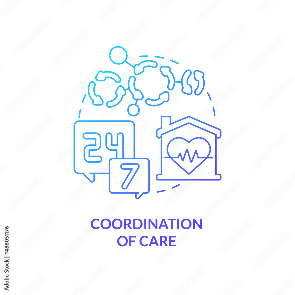 Coordination of care blue gradient concept icon. Continual help. Hospice service for patient abstract idea thin line illustration. Isolated outline drawing. Myriad Pro-Bold fonts used Coordination of care blue gradient concept icon. Continual help. Hospice service for patient abstract idea thin line illustration. Isolated outline drawing. Myriad Pro-Bold fonts used