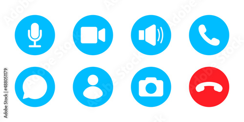 Video call icons set. Video conference. Collections buttons of online video chat app, internet talk, call technology. Web app ui display template. Videoconferencing. photo