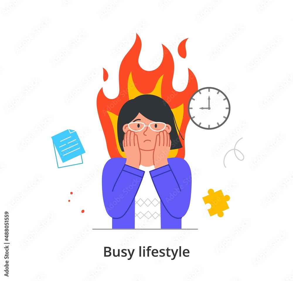 Busy person in stress and fatigue at work. Young Tired woman with bad mood working in office. Employee with emotional burnout due to overload. Cartoon flat vector illustration in doodle style