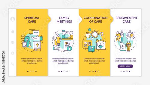 Hospice care yellow and white onboarding template. Medical service. Responsive mobile website with linear concept icons. Web page walkthrough 4 step screens. Lato-Bold, Regular fonts used