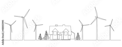 Wind farm turbines and windmill with family house in One continuous line drawing. Green energy and renewable source of power concept in simple linear style. Contour vector illustration