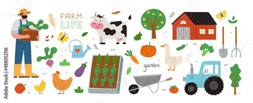 Colorful Farming and Gardening set. Bright stickers with agricultural animal, tractor, harvest, farmer and vegetable, barn, tree and shovel. Cartoon flat vector collection isolated on white background