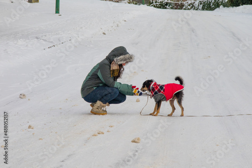 Brincando com o cachorro da familia no parque coberto de neve, oferecendo agua