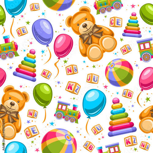 Vector Toys Seamless Pattern, square repeating background with set of cut out illustrations different kids toys, bright cartoon flying balloons, many decorative stars and confetti on white background