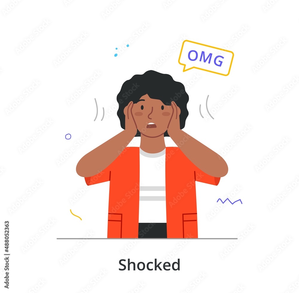 Shock and surprise reactions abstract concept. Oh my God. Woman hears bad news and holds her head from stress. Expression of negative emotions. Anger and confusion. Cartoon flat vector illustration Shock and surprise reactions abstract concept. Oh my God. Woman hears bad news and holds her head from stress. Expression of negative emotions. Anger and confusion. Cartoon flat vector illustration