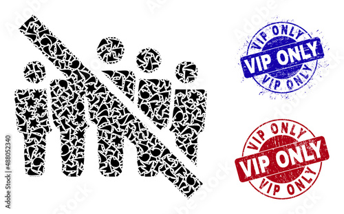 Round VIP ONLY textured stamp imitations with caption inside round shapes, and fraction mosaic no people crowd icon. Blue and red seals includes VIP ONLY tag.