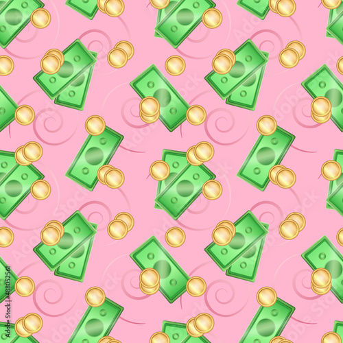 Cartoon seamless pattern with three-dimensional green banknotes and golden metallic coins. Wrapping paper, wallpaper or web background concept with cash in bundle, stack, piles on pink background.