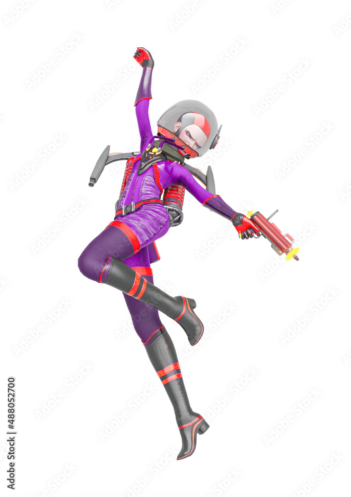 vintage astronaut girl is hanging with a laser gun in her hand