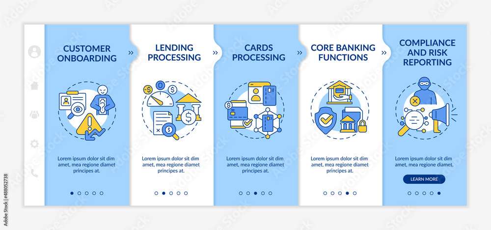 Automated banking blue and white onboarding template. Autonomous operations. Responsive mobile website with linear concept icons. Web page walkthrough 5 step screens. Lato-Bold, Regular fonts used