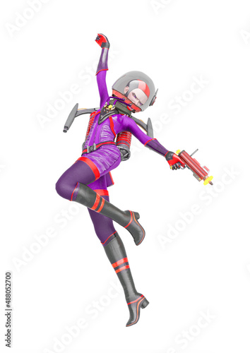 vintage astronaut girl is hanging with a laser gun in her hand