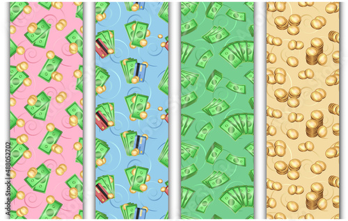Collection of 4 vector cartoon seamless patterns with green banknotes, golden metallic coins and plastic bank cards. Wrapping paper, wallpaper, background concept with three-dimensional cash. EPS 10