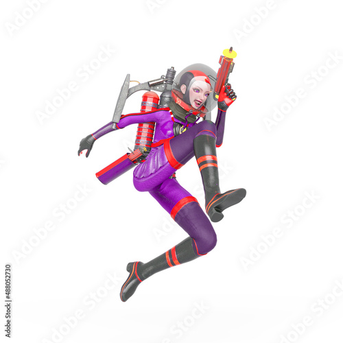 vintage astronaut girl is jumping in action