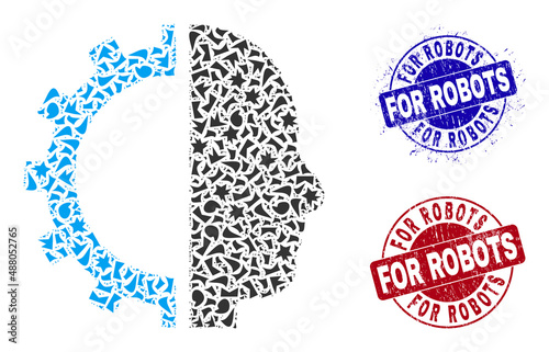 Round FOR ROBOTS rough stamp seals with text inside round forms, and detritus mosaic cyborg gear icon. Blue and red stamp seals includes FOR ROBOTS caption. Cyborg gear mosaic icon of shard parts.