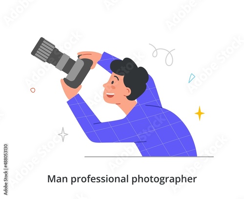 Professional photographer or cameramen abstract concept. Young man adjusts lens and shoots objects. Male character holds camera and takes pictures. Cartoon contemporary flat vector illustration