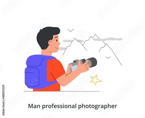 Professional photographer or cameramen abstract concept. Male traveler photographs beautiful mountain landscape. Male character holds digital camera and takes picture. Cartoon flat vector illustration
