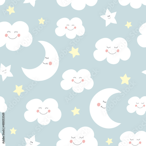 Seamless childish pattern with cute moon, clouds and stars. Lovely texture for baby. Vector illustration.