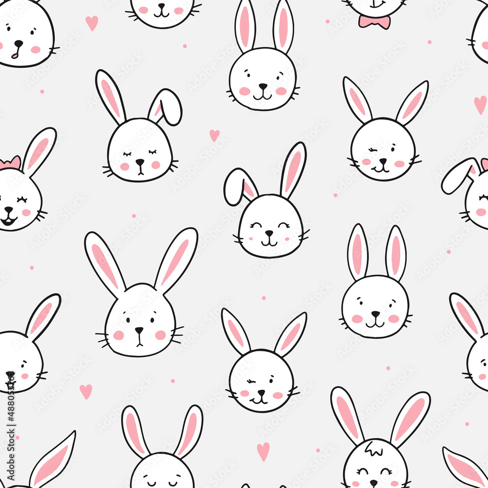 cute seamless pattern with hand drawn rabbits for nursery prints, easter backgrounds, wrapping paper, wallpaper, textile, scrapbooking, etc. EPS 10 cute seamless pattern with hand drawn rabbits for nursery prints, easter backgrounds, wrapping paper, wallpaper, textile, scrapbooking, etc. EPS 10