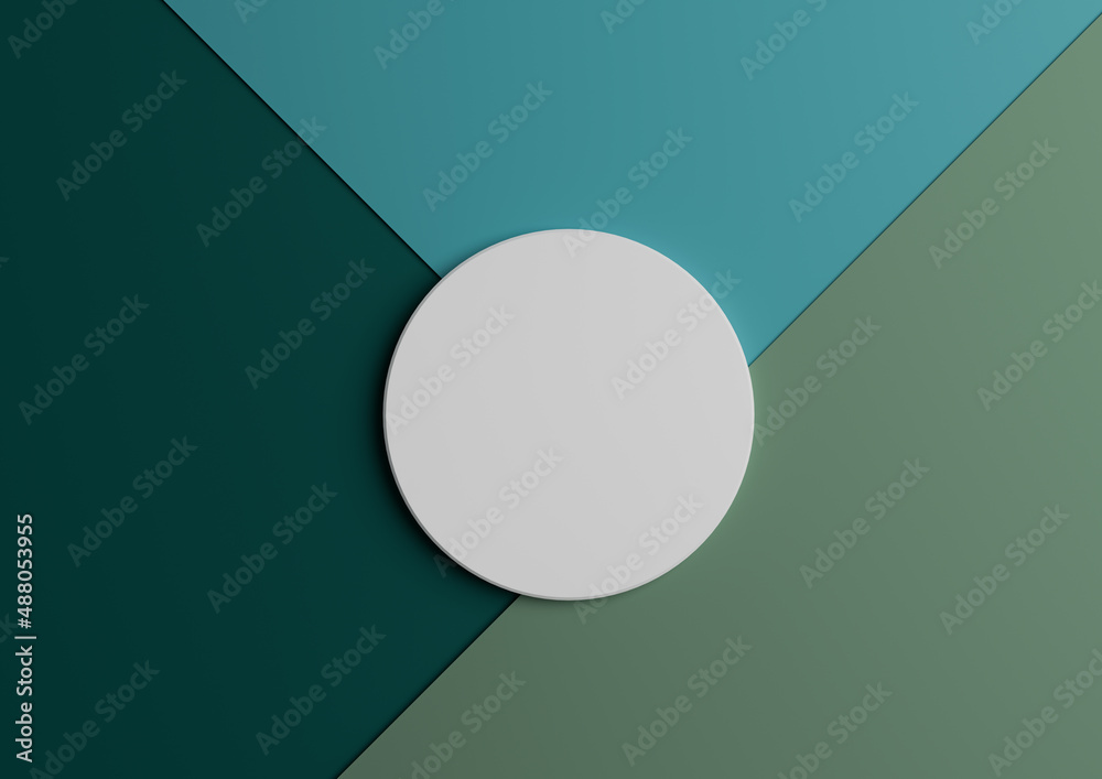 White circle stand or podium for product display. Top view 3D render of minimal colorful green, aqua, turquoise and blue paper composition background with copy space White circle stand or podium for product display. Top view 3D render of minimal colorful green, aqua, turquoise and blue paper composition background with copy space