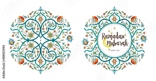 Vector Ramadan Mubarak card. Vintage floral banner with lanterns for Ramadan wishing. Arabic shining lamps, crescent. Decor in Eastern style