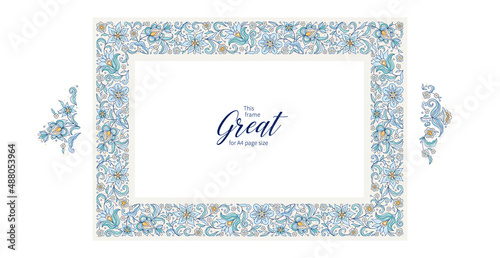 Vector floral frame, vignette, border, card design template. Floral borders, premade card.