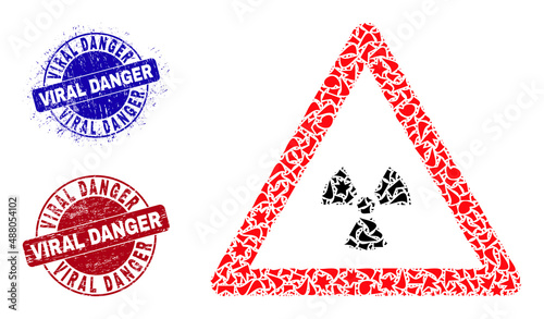 Round VIRAL DANGER grunge badges with caption inside round shapes, and shard mosaic radioactivity warning icon. Blue and red stamp seals includes VIRAL DANGER caption.