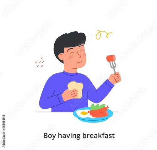 Kid having breakfast or lunch meals concept. Little hungry boy eats fried eggs, sausages, vegetables and chews bread. Delicious and healthy food. Cartoon flat vector illustration in doodle style