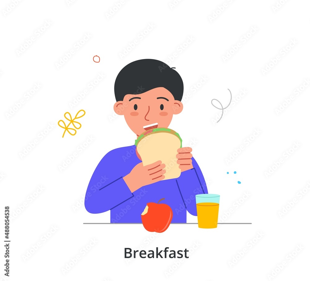 Kid having breakfast or lunch meals concept. Little hungry boy eats vegetable sandwich, fresh apple and drinks delicious orange juice. Healthy snack. Cartoon flat vector illustration in doodle style Kid having breakfast or lunch meals concept. Little hungry boy eats vegetable sandwich, fresh apple and drinks delicious orange juice. Healthy snack. Cartoon flat vector illustration in doodle style