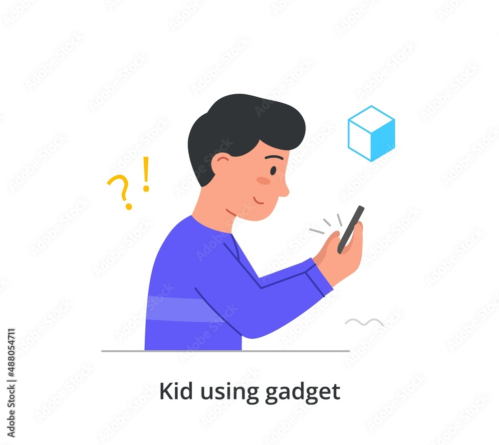 Kid using gadgets abstract concept. Little boy holds smartphone and communicates with friends on social networks. Modern technologies and innovations. Cartoon flat vector illustration in doodle style Kid using gadgets abstract concept. Little boy holds smartphone and communicates with friends on social networks. Modern technologies and innovations. Cartoon flat vector illustration in doodle style