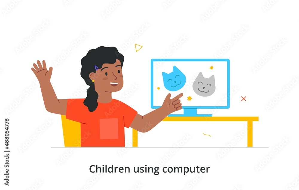 Kid using gadgets abstract concept. Smiling girl sitting at her desk and watching cartoons on computer screen. Modern technologies for entertainment. Cartoon flat vector illustration in doodle style
