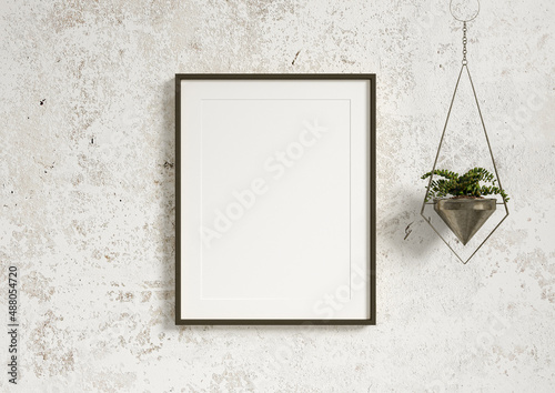 Single 8x10 Vertical Black Frame mockup on a stone shelf with green plant and hanging vase. Loft style frame mockup and decorations. 3D Rendering
