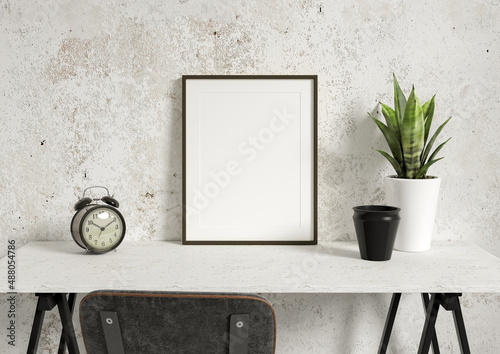Single 8x10 Vertical Black Frame mockup on white desk and a stone wall with green plant and a clock. Loft style frame mockup on a desk. 3D Rendering