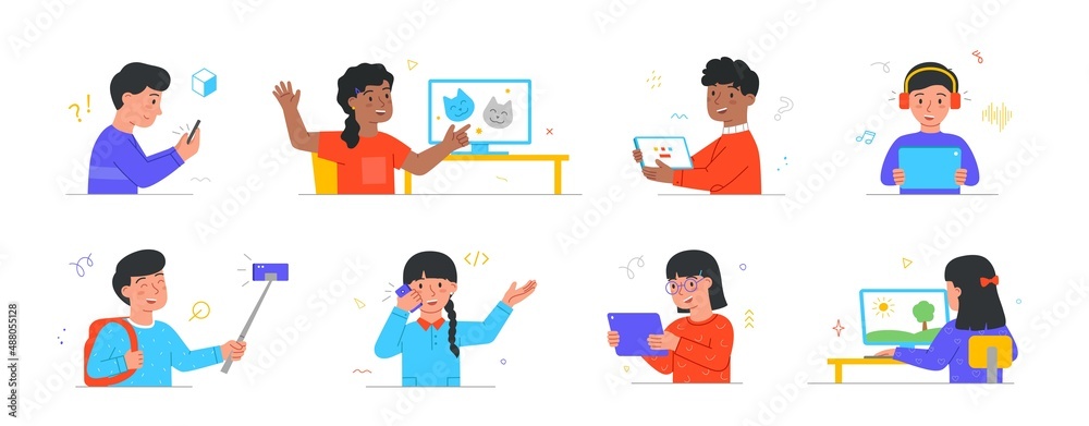 Set of kids using gadgets. Little boys and girls with smartphones, digital tablets and computers. Online learning or entertainment. Cartoon flat vector collection isolated on white background Set of kids using gadgets. Little boys and girls with smartphones, digital tablets and computers. Online learning or entertainment. Cartoon flat vector collection isolated on white background