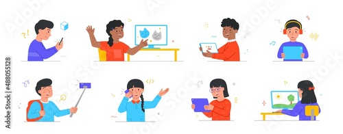 Set of kids using gadgets. Little boys and girls with smartphones, digital tablets and computers. Online learning or entertainment. Cartoon flat vector collection isolated on white background